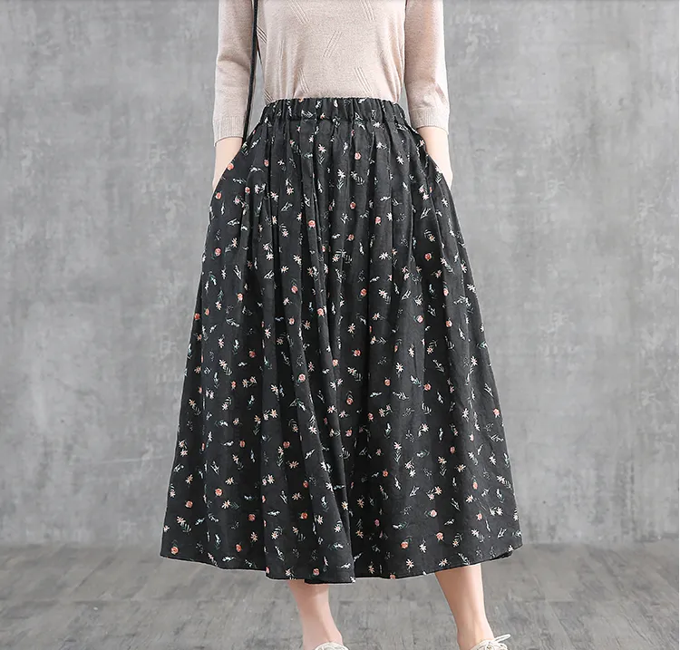 Floral Casual Cotton linen loose fitting Women's Skirts DZA2007121