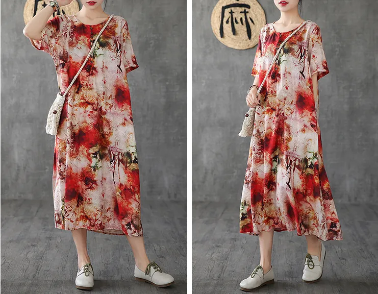 Floral Long Sleeve Summer Spring Linen Women Dresses DZA206103