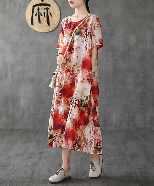 Floral Long Sleeve Summer Spring Linen Women Dresses DZA206103