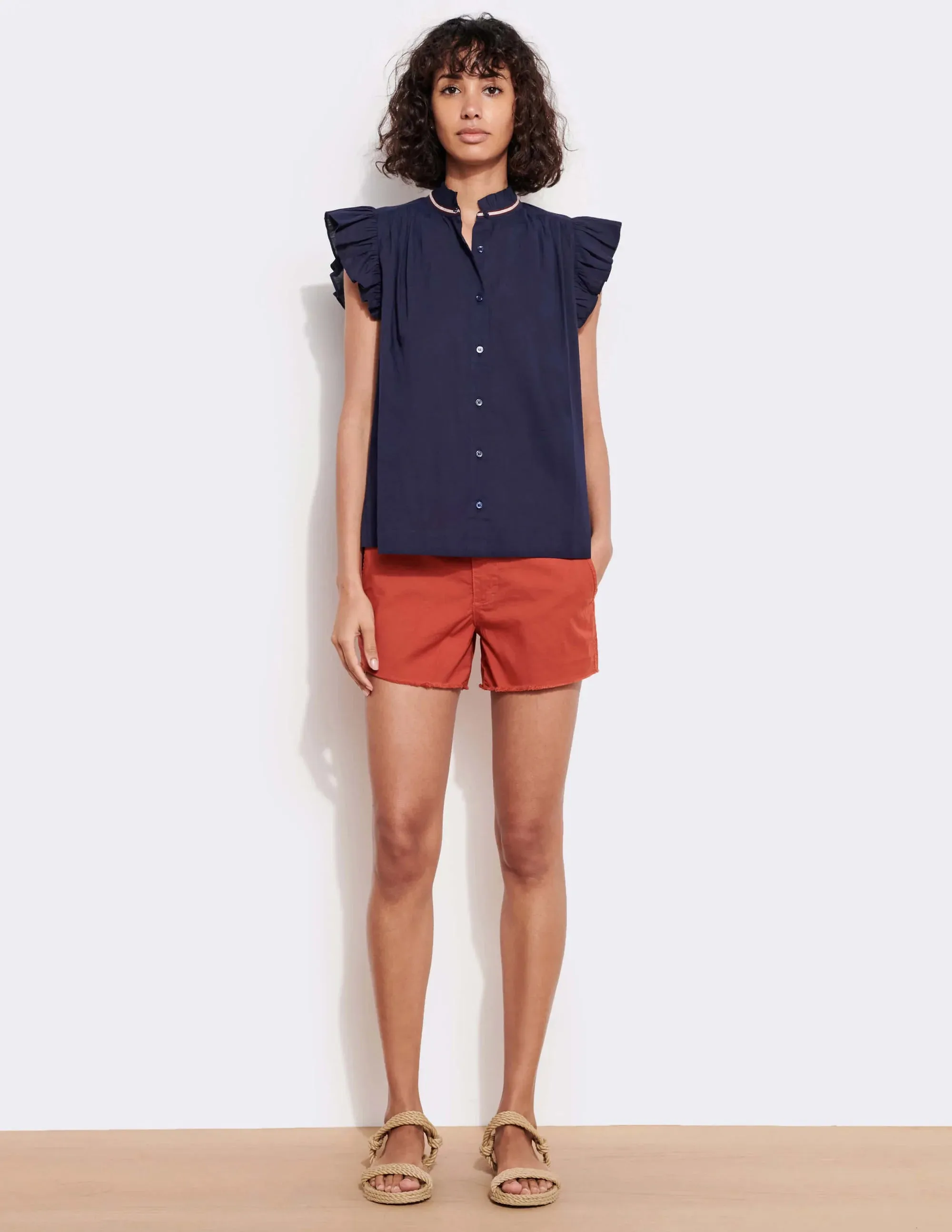 Flutter Sleeve Button Top, Navy