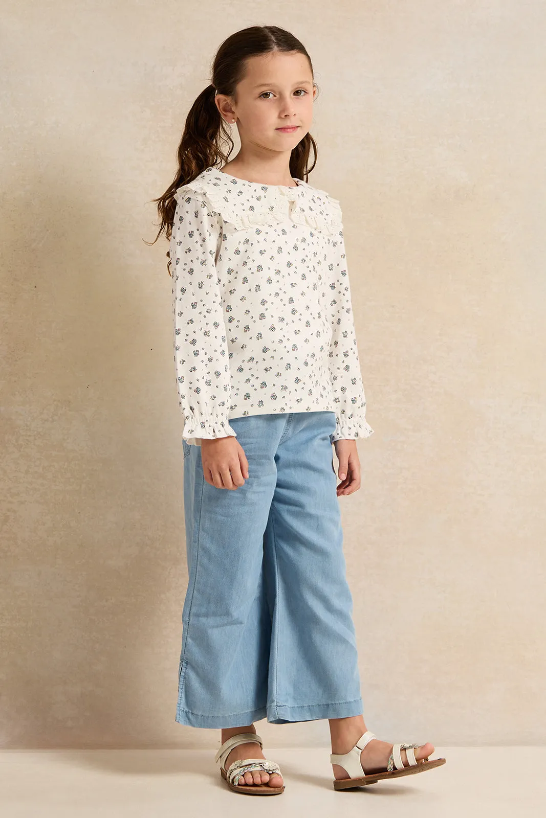 Girls Blue Wide Leg Denim Trousers