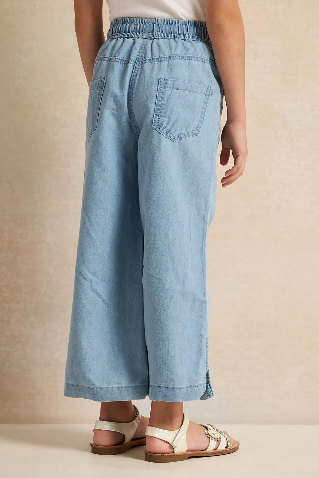 Girls Blue Wide Leg Denim Trousers