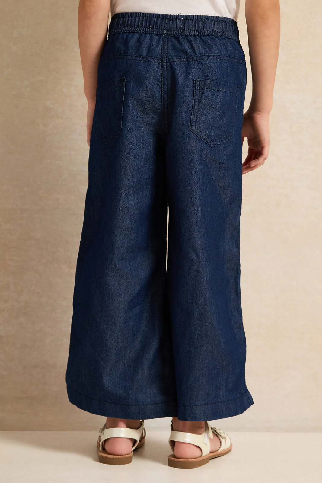 Girls Navy Wide Leg Denim Trousers