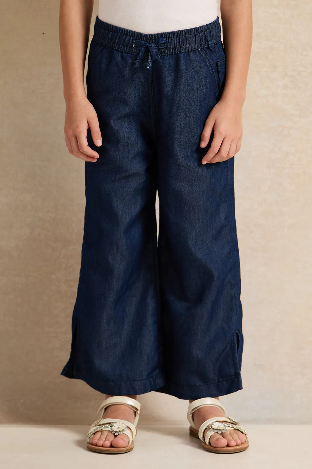 Girls Navy Wide Leg Denim Trousers