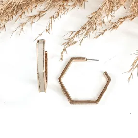 Gold Hexagon Hoops with Leather Inlay in Grey