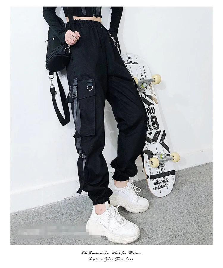 Gothic multi-pockets bandages rings with chains overalls hip hop straight tube loose BF Harem cargo pants OOTD