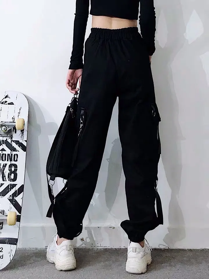 Gothic multi-pockets bandages rings with chains overalls hip hop straight tube loose BF Harem cargo pants OOTD