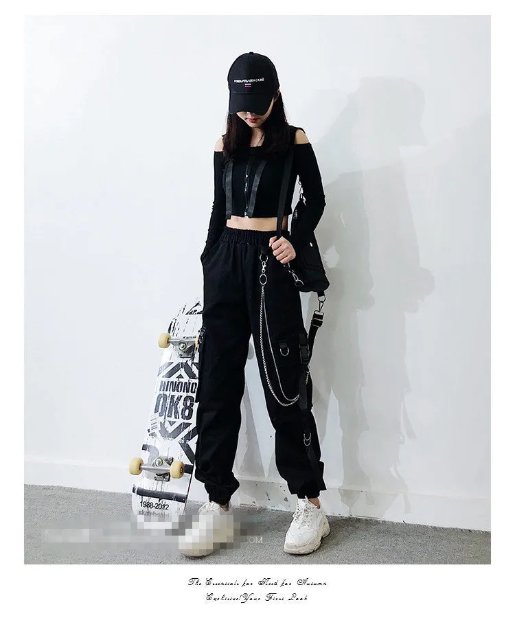 Gothic multi-pockets bandages rings with chains overalls hip hop straight tube loose BF Harem cargo pants OOTD