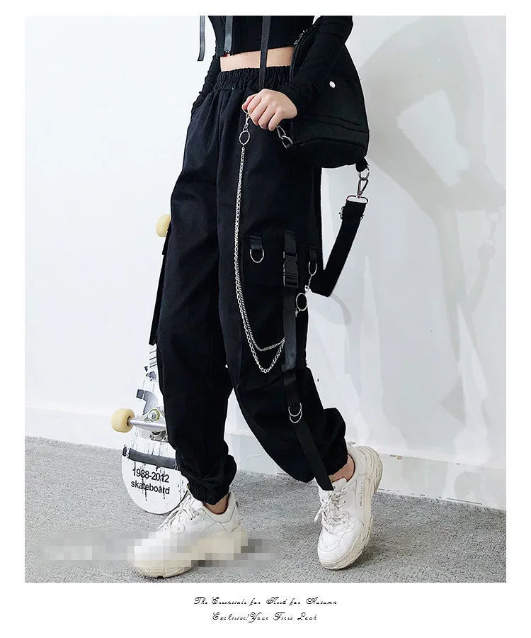 Gothic multi-pockets bandages rings with chains overalls hip hop straight tube loose BF Harem cargo pants OOTD