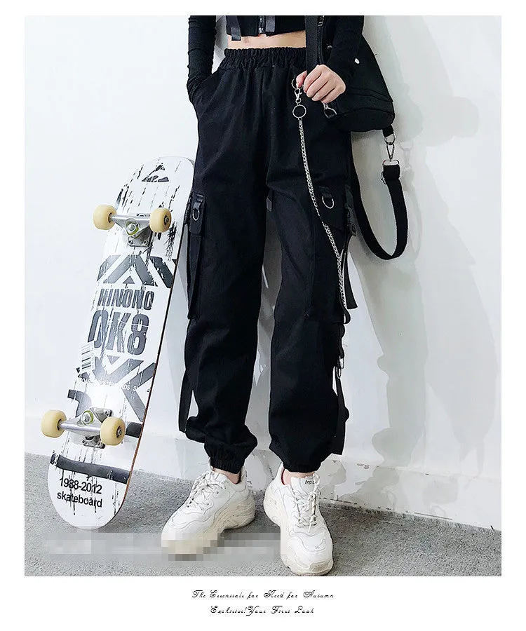 Gothic multi-pockets bandages rings with chains overalls hip hop straight tube loose BF Harem cargo pants OOTD