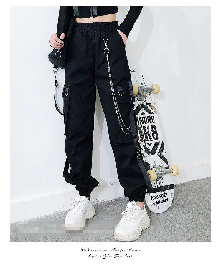 Gothic multi-pockets bandages rings with chains overalls hip hop straight tube loose BF Harem cargo pants OOTD