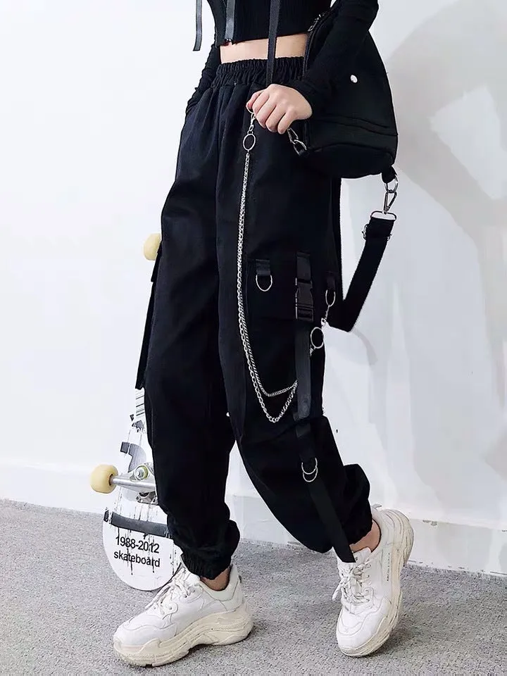 Gothic multi-pockets bandages rings with chains overalls hip hop straight tube loose BF Harem cargo pants OOTD