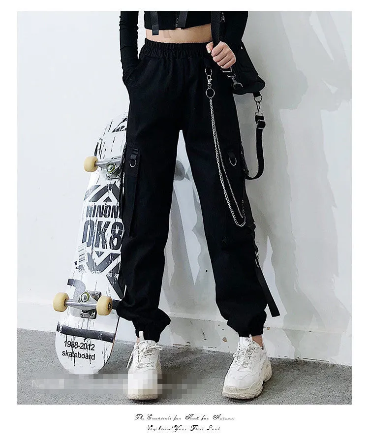 Gothic multi-pockets bandages rings with chains overalls hip hop straight tube loose BF Harem cargo pants OOTD