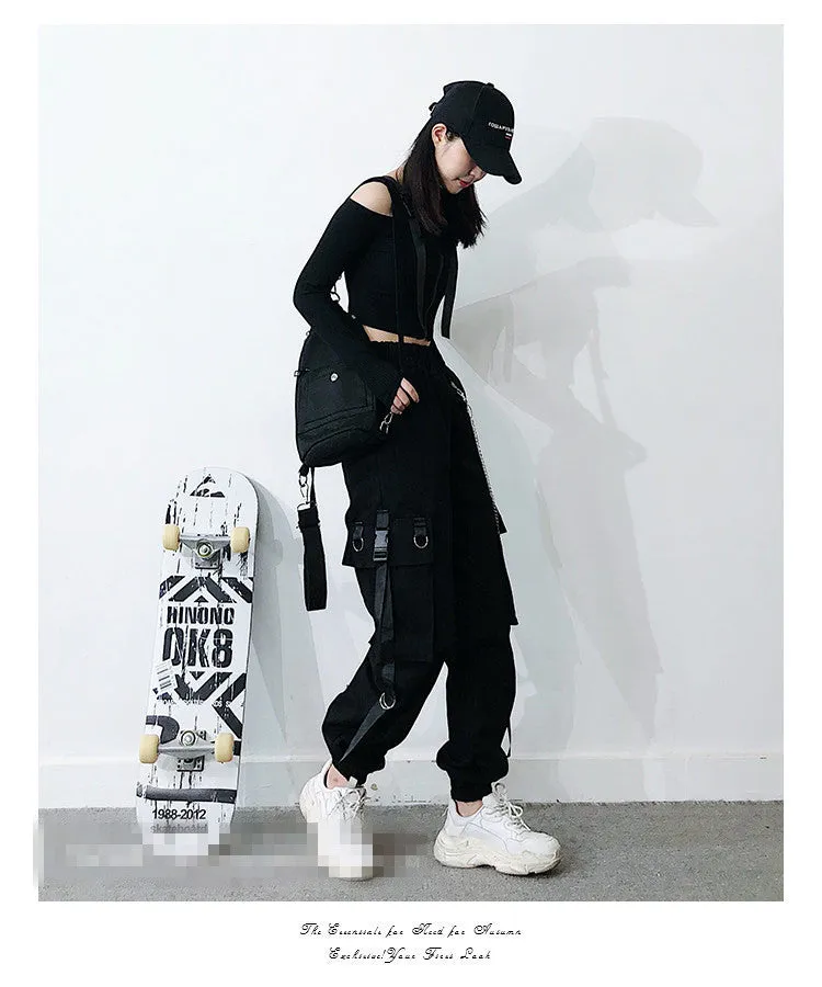 Gothic multi-pockets bandages rings with chains overalls hip hop straight tube loose BF Harem cargo pants OOTD