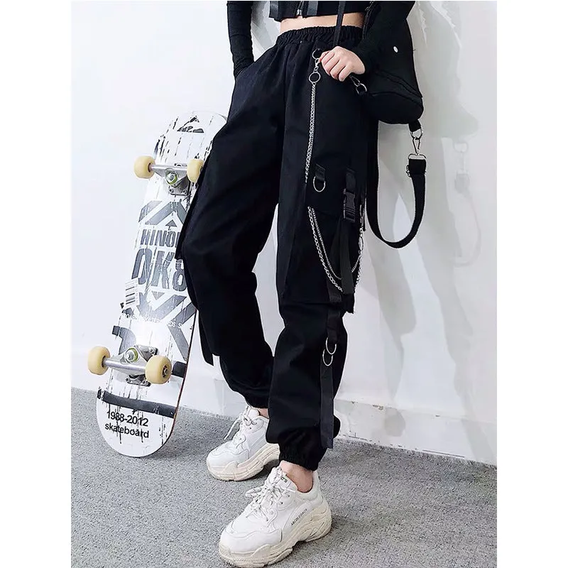 Gothic multi-pockets bandages rings with chains overalls hip hop straight tube loose BF Harem cargo pants OOTD