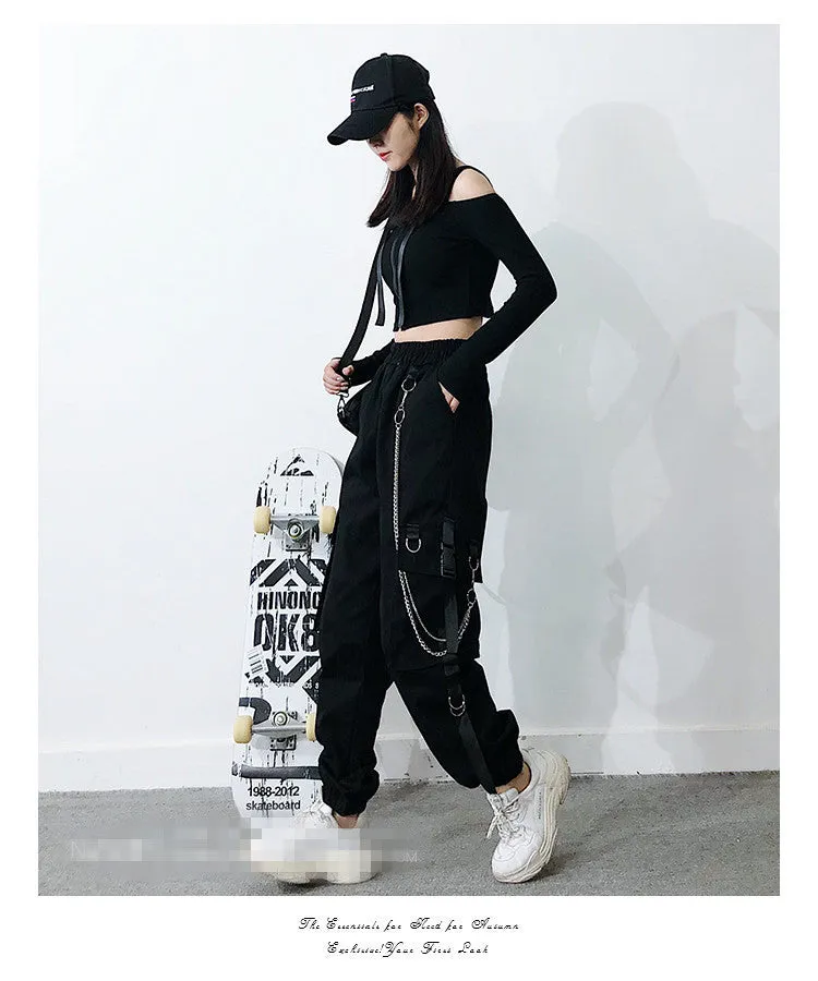 Gothic multi-pockets bandages rings with chains overalls hip hop straight tube loose BF Harem cargo pants OOTD