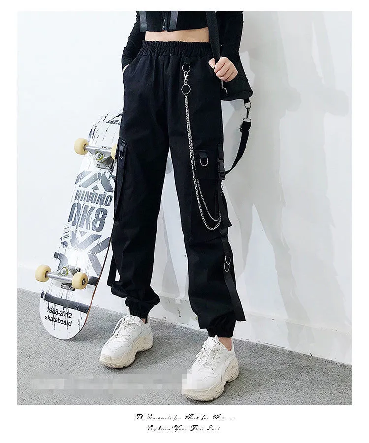 Gothic multi-pockets bandages rings with chains overalls hip hop straight tube loose BF Harem cargo pants OOTD