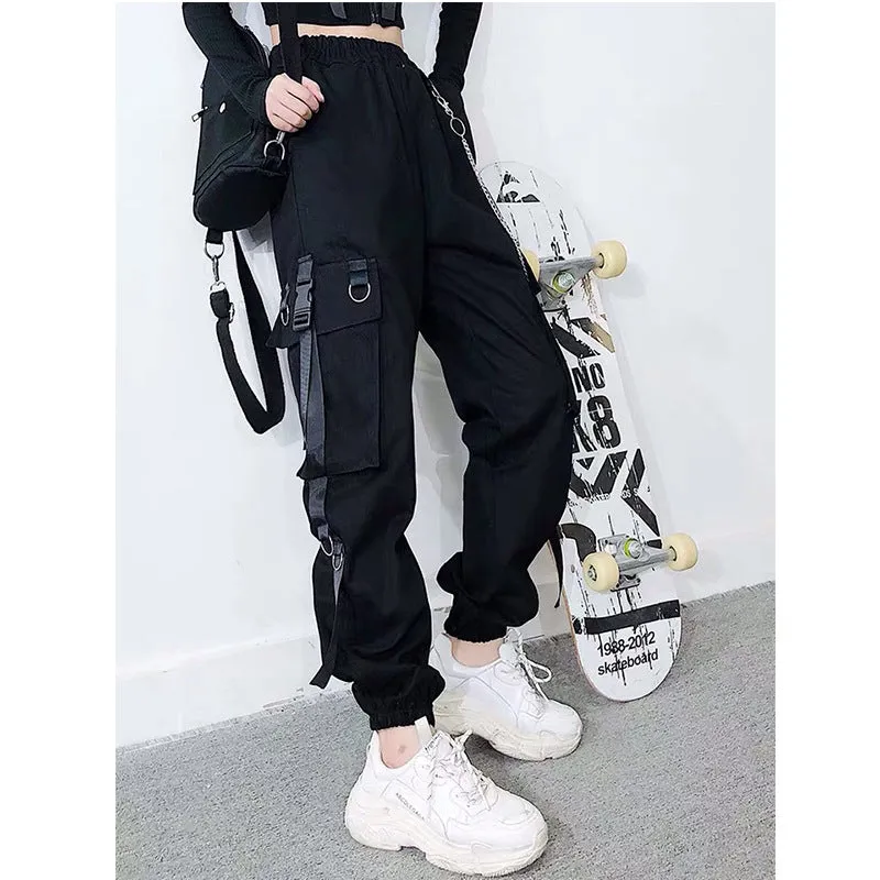 Gothic multi-pockets bandages rings with chains overalls hip hop straight tube loose BF Harem cargo pants OOTD