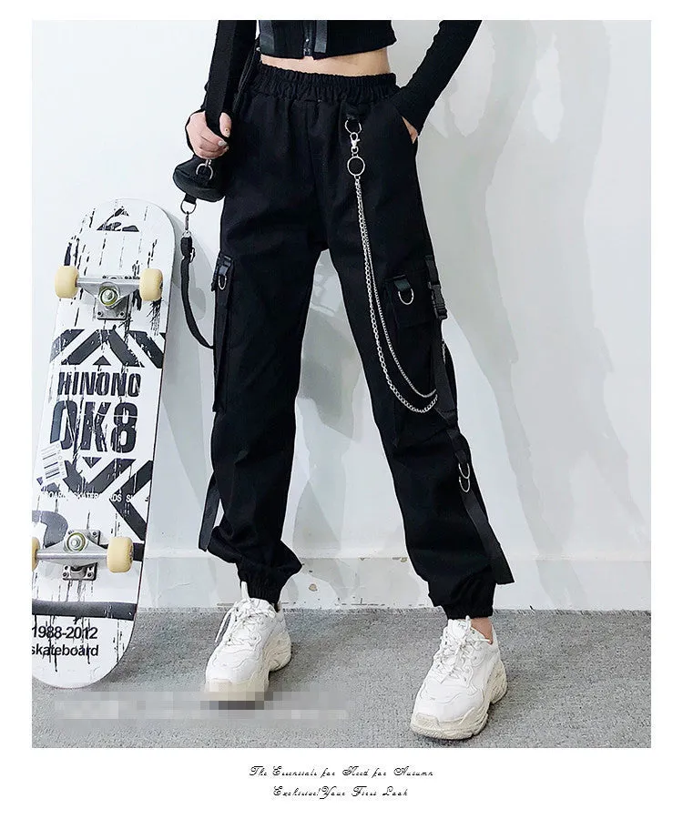 Gothic multi-pockets bandages rings with chains overalls hip hop straight tube loose BF Harem cargo pants OOTD