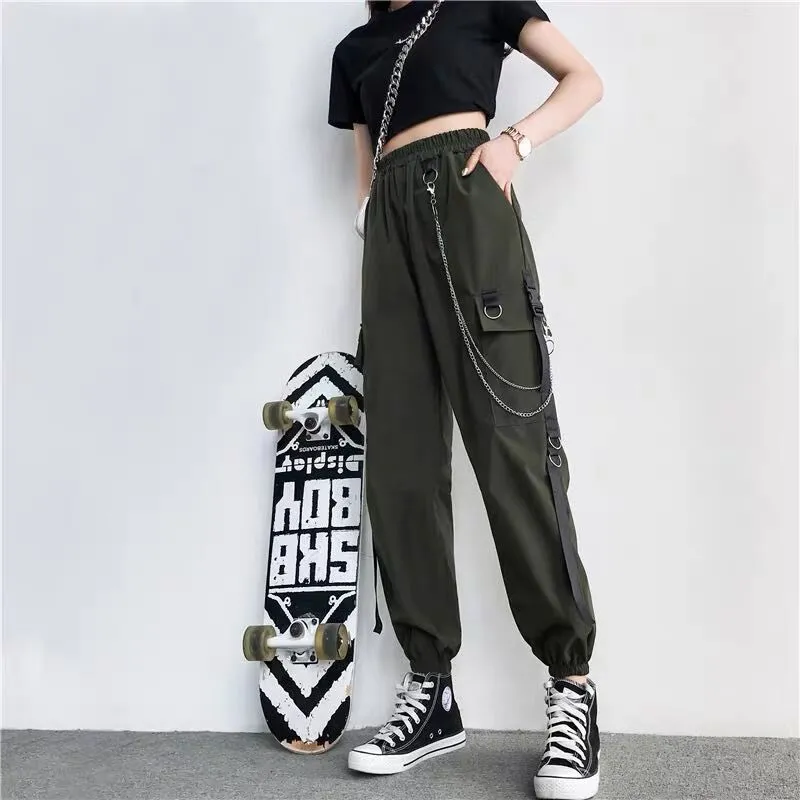 Gothic multi-pockets bandages rings with chains overalls hip hop straight tube loose BF Harem cargo pants OOTD