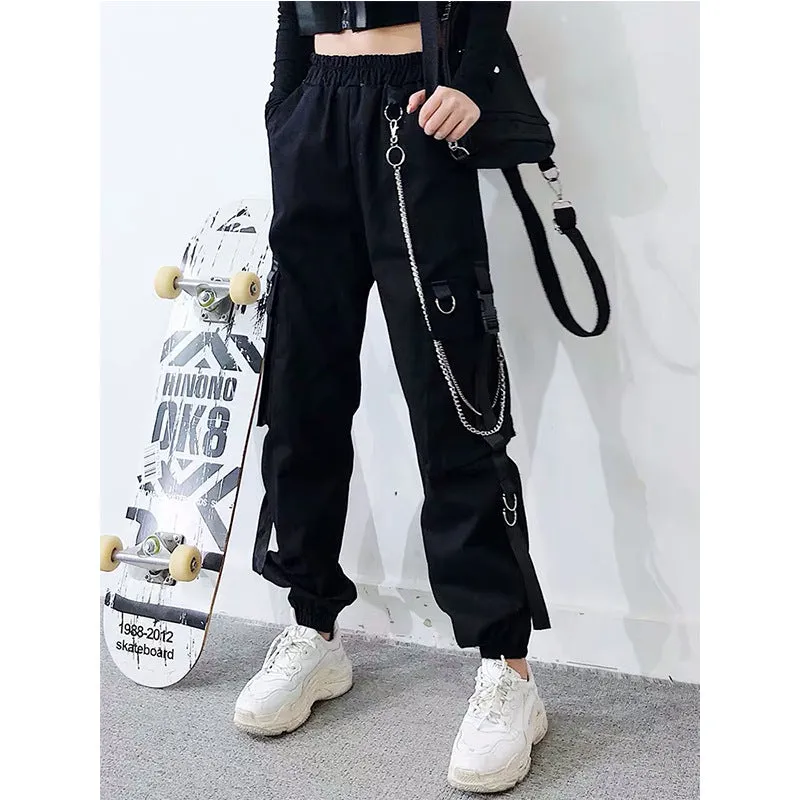 Gothic multi-pockets bandages rings with chains overalls hip hop straight tube loose BF Harem cargo pants OOTD