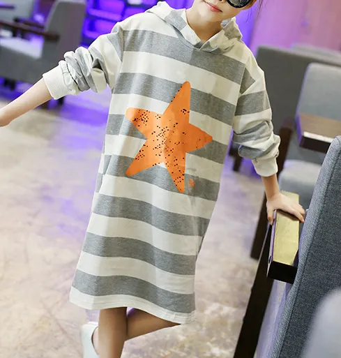 Grey Striped Star Sweatshirt Hoodie Dress