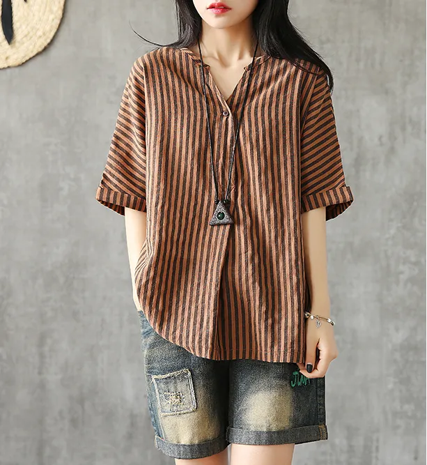 Half Sleeve Summer Women Casual Top Blouses Tops Cotton Linen Shirts  DZA2005247