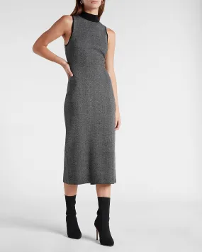 Herringbone Mock Neck Sleeveless Sweater Dress in Gray Print