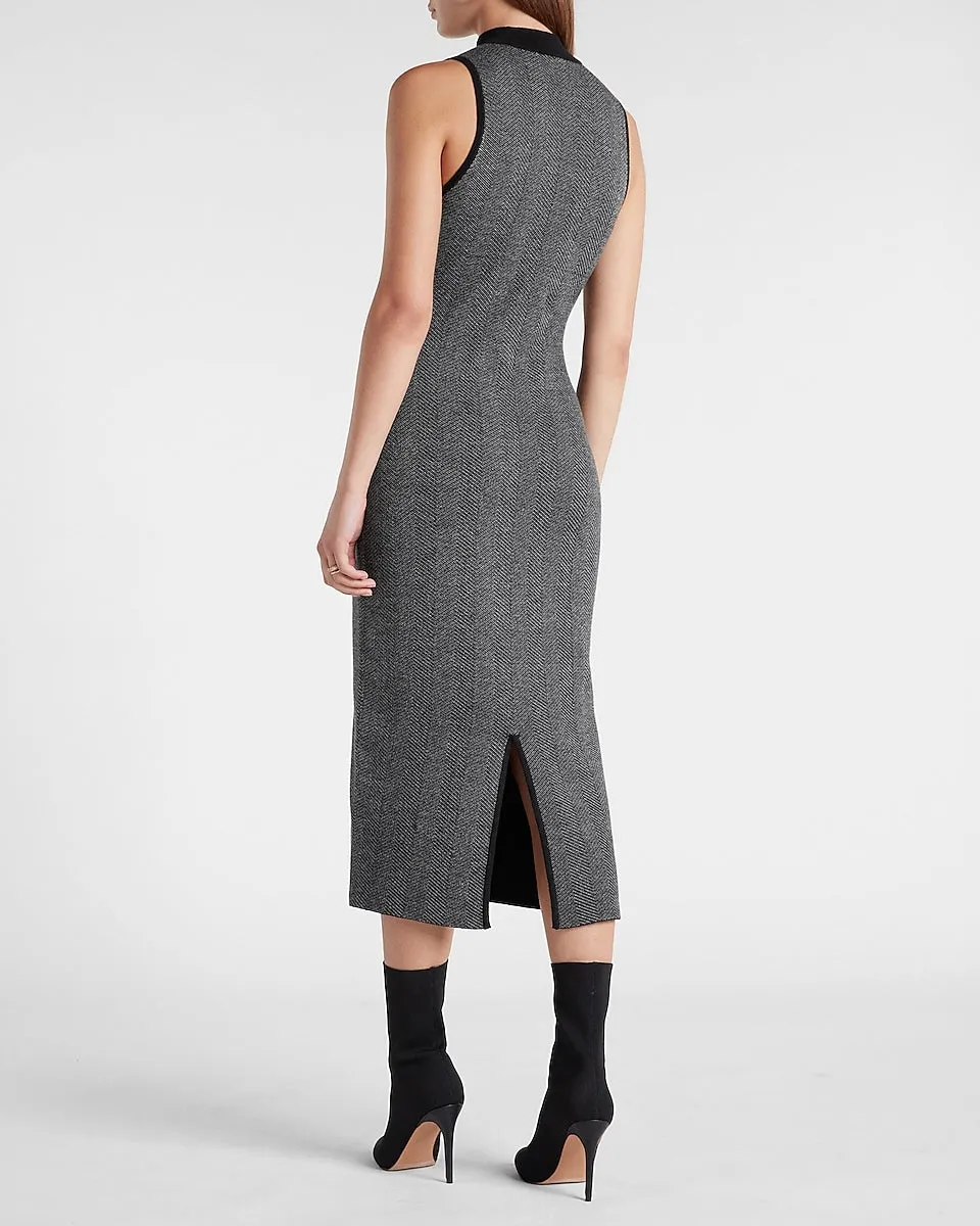 Herringbone Mock Neck Sleeveless Sweater Dress in Gray Print