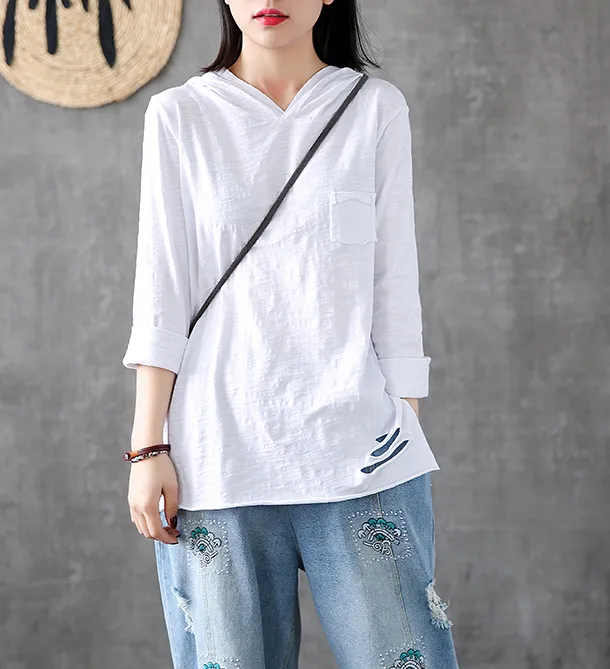 Hooded Length Sleeve Summer Women Casual Blouse Cotton Linen Shirts  Women Tops DZA2005314