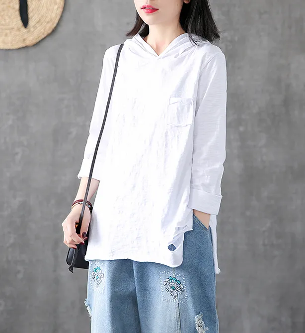 Hooded Length Sleeve Summer Women Casual Blouse Cotton Linen Shirts  Women Tops DZA2005314