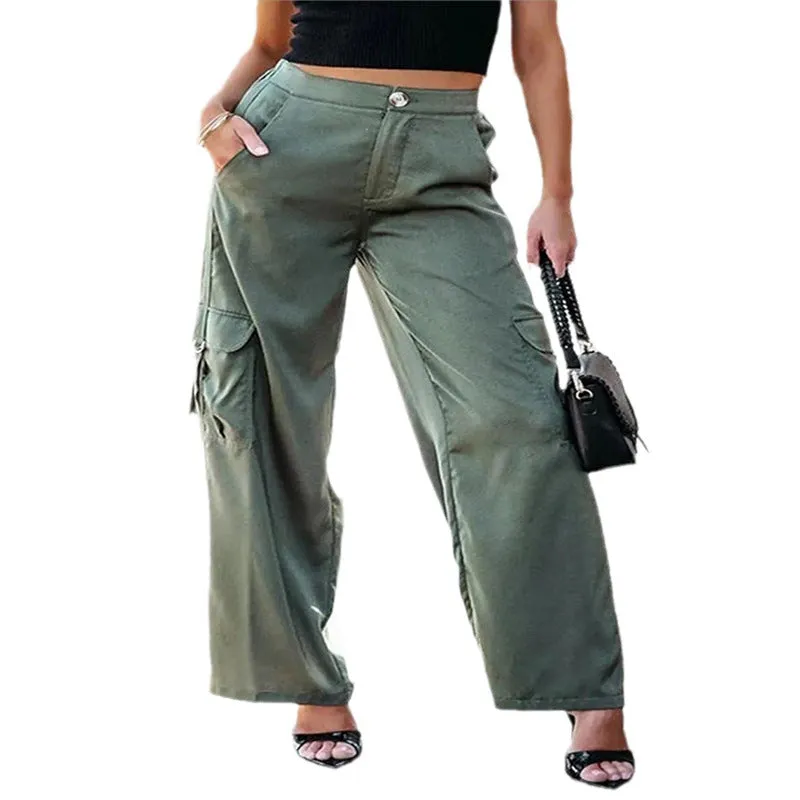 Joskaa frat outfits 2024 plus Size Women's Trousers Fashion Solid Color Multi-Pocket Straight Cargo Pants Women