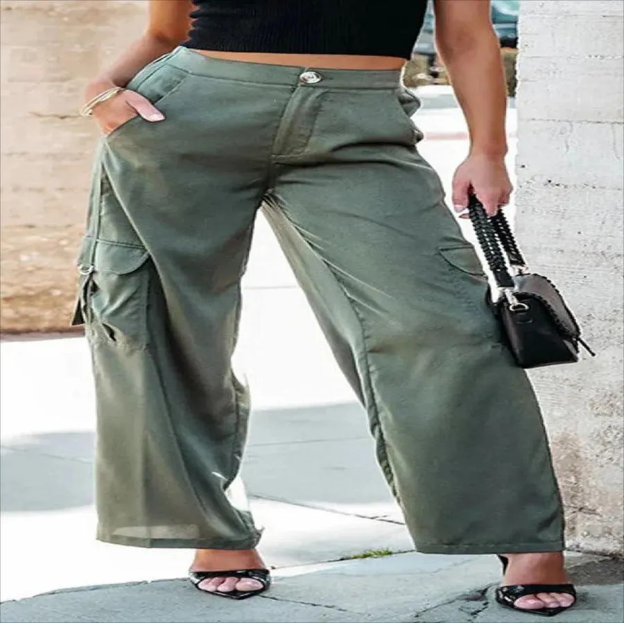 Joskaa frat outfits 2024 plus Size Women's Trousers Fashion Solid Color Multi-Pocket Straight Cargo Pants Women