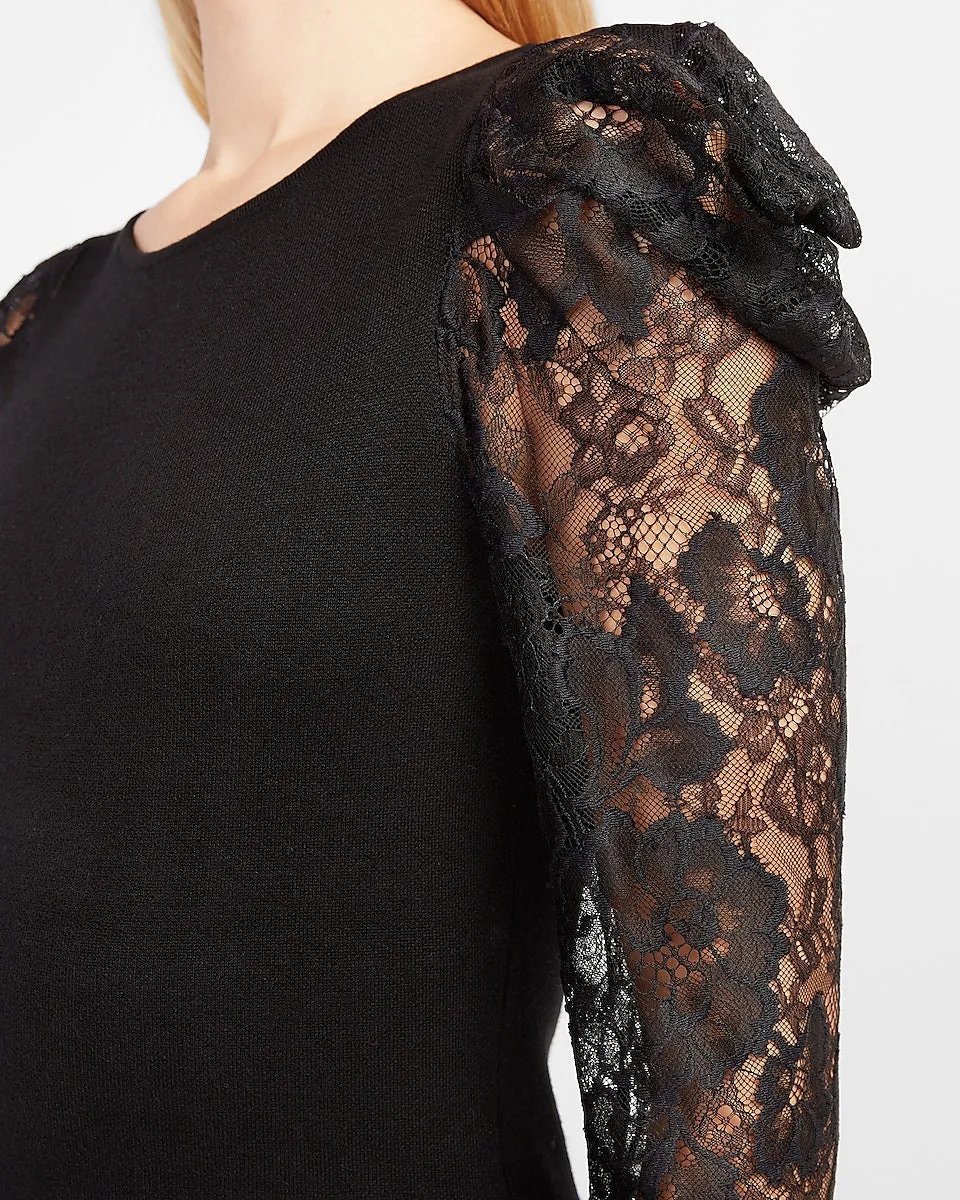 Lace Puff Sleeve Sweater Dress in Pitch Black