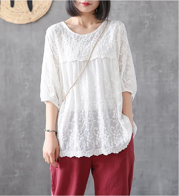 Length Sleeve Summer Women Casual Blouse Cotton Linen Shirts  Women Tops DZA2005315