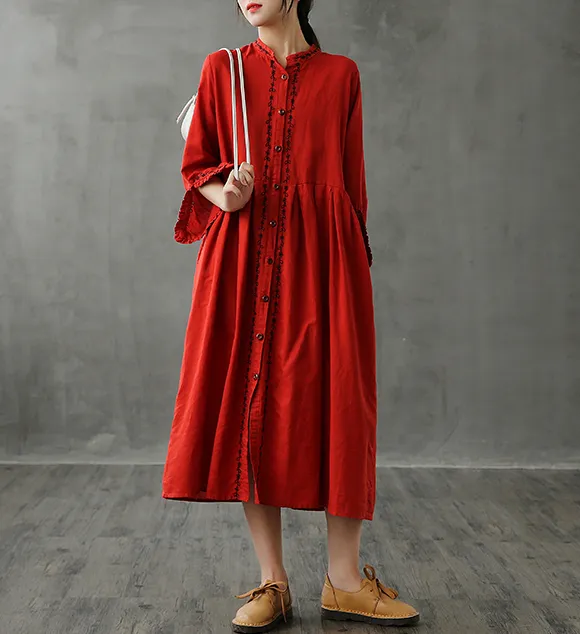 Long Sleeve Autumn Linen Women Dresses DZA208235