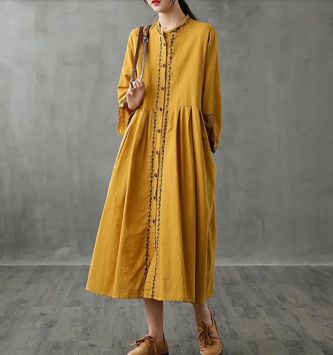 Long Sleeve Autumn Linen Women Dresses DZA208235