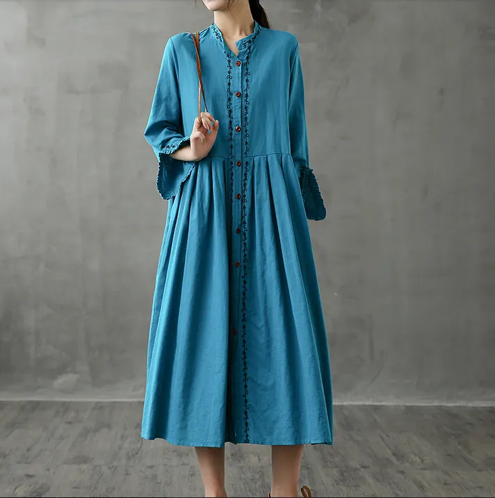 Long Sleeve Autumn Linen Women Dresses DZA208235