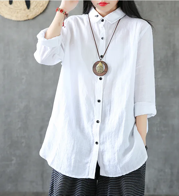 Long Sleeve Spring Summer Women Casual Blouse Cotton Linen Shirts  Women Tops DZA2005312