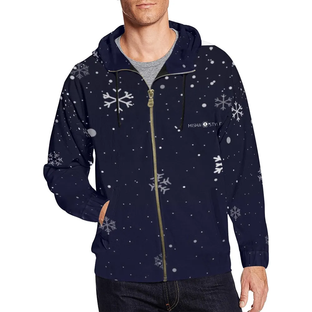 Men's Christmas Snow Zip Hoodie - Dark Blue