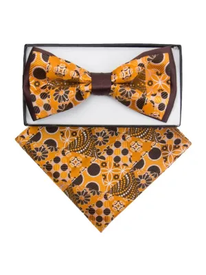 Men's Orange & Brown Floral Pre-tied Two-Tone Bow tie & Handkerchief Set