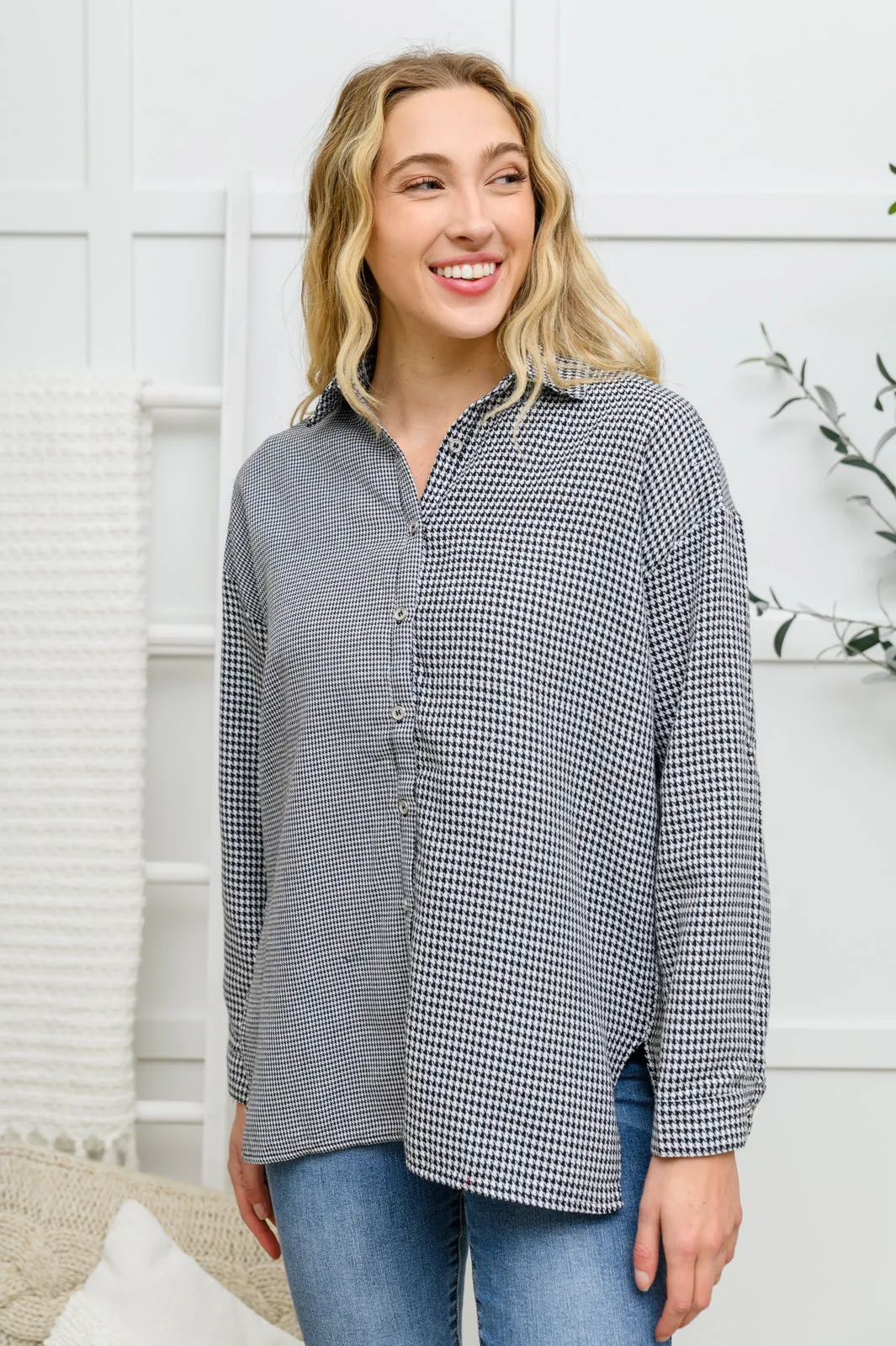 Mixed Houndstooth Button Up Top