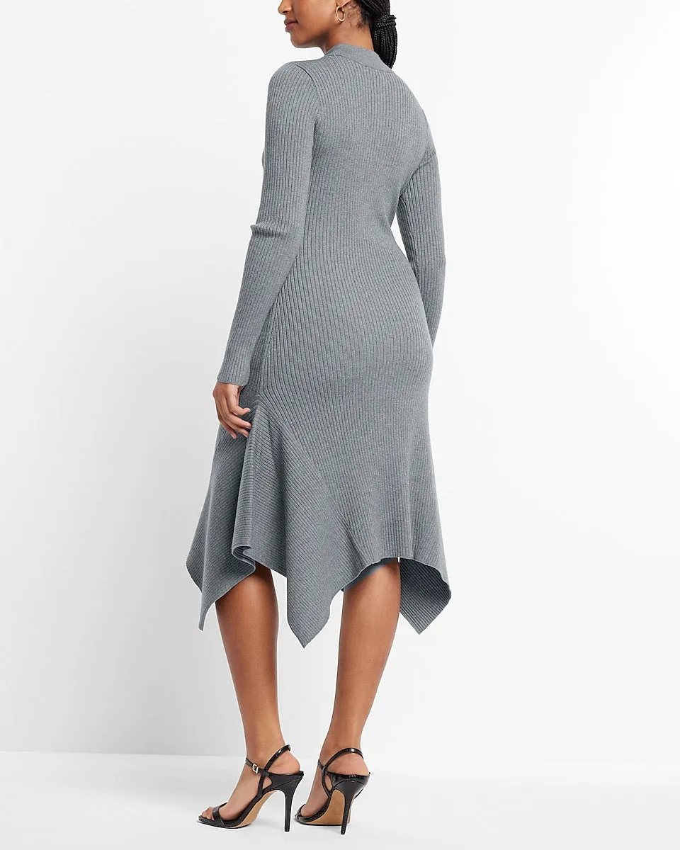 Mock Neck Ribbed Asymmetrical Hem Sweater Midi Dress in Heather Gray