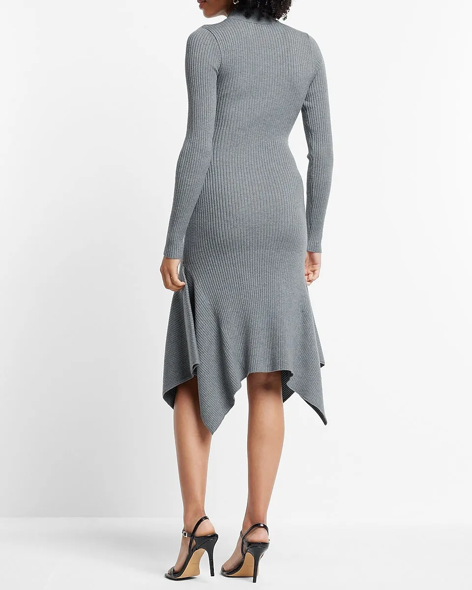 Mock Neck Ribbed Asymmetrical Hem Sweater Midi Dress in Heather Gray