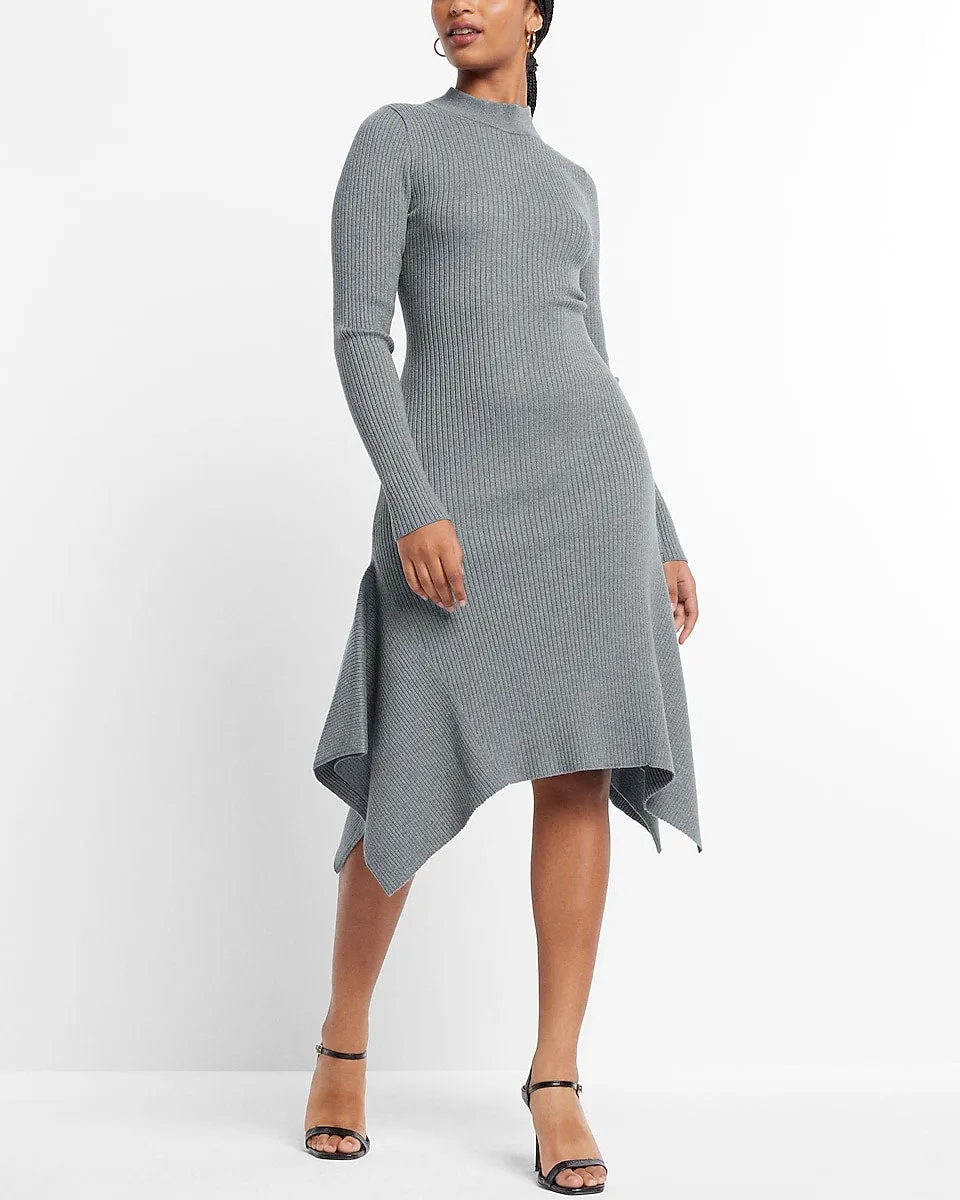 Mock Neck Ribbed Asymmetrical Hem Sweater Midi Dress in Heather Gray