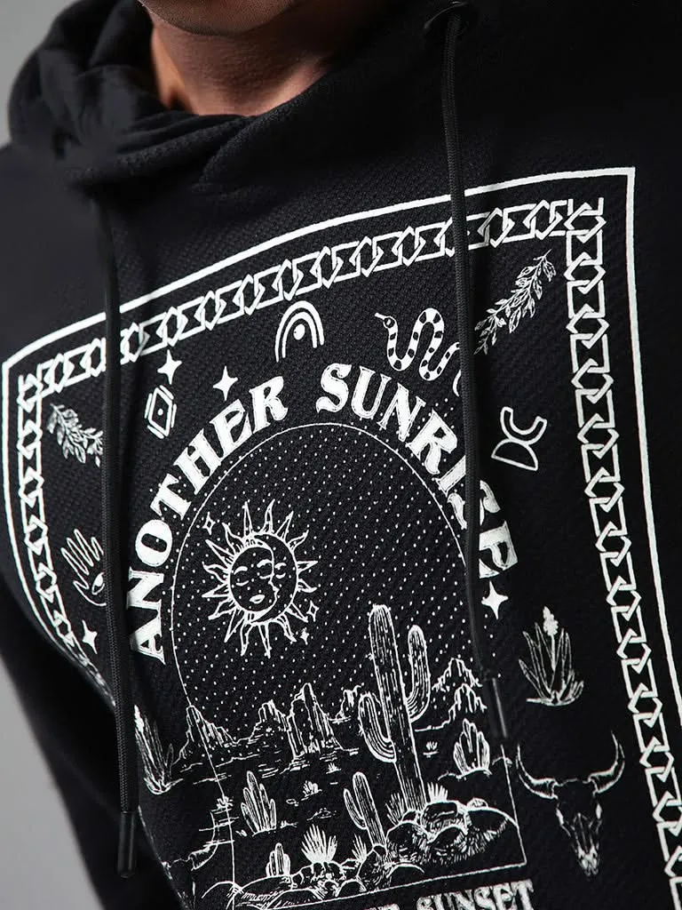 Nuon Black Typographic Knitted Relaxed-Fit Hoodie