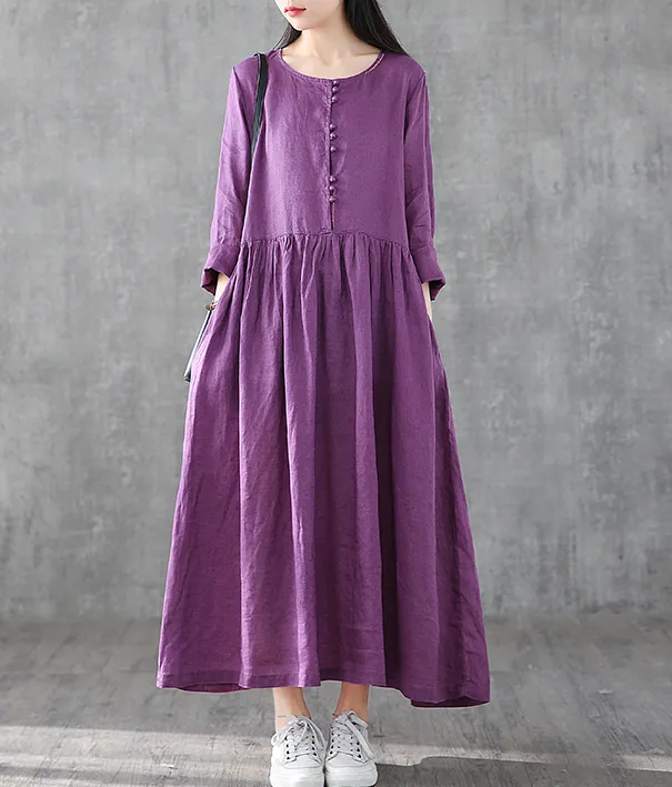 O Neck Long Sleeve Summer Spring Linen Women loose Dresses DZA05251