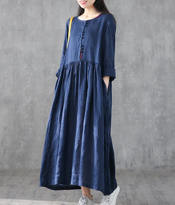 O Neck Long Sleeve Summer Spring Linen Women loose Dresses DZA05251