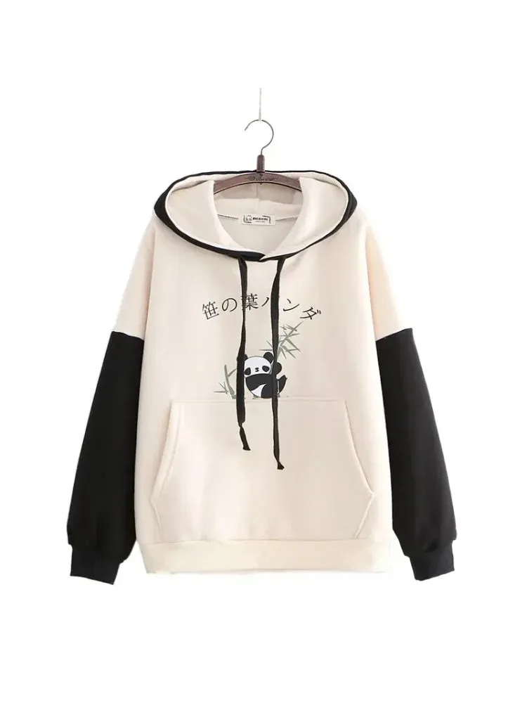 Panda Print Kawai Cute Women Hoodies Drawstring Cotton Hooded Sweatshirt Winter Sweet Style Long Sleeve Korean Ladies Tops