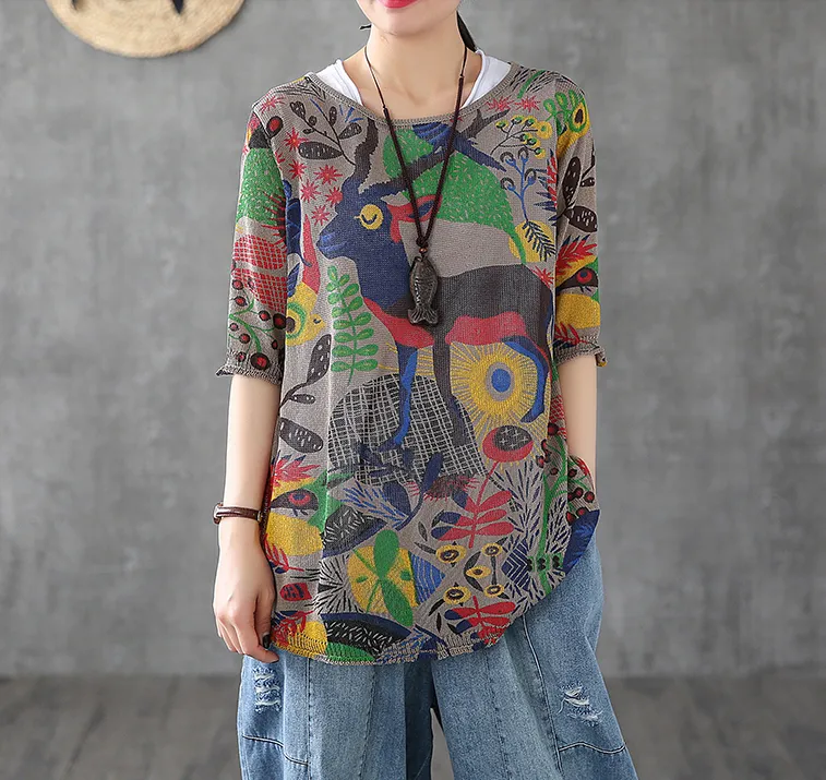 Patterned Summer Women Casual Blouse Cotton Linen Shirts Tops DZA2007132